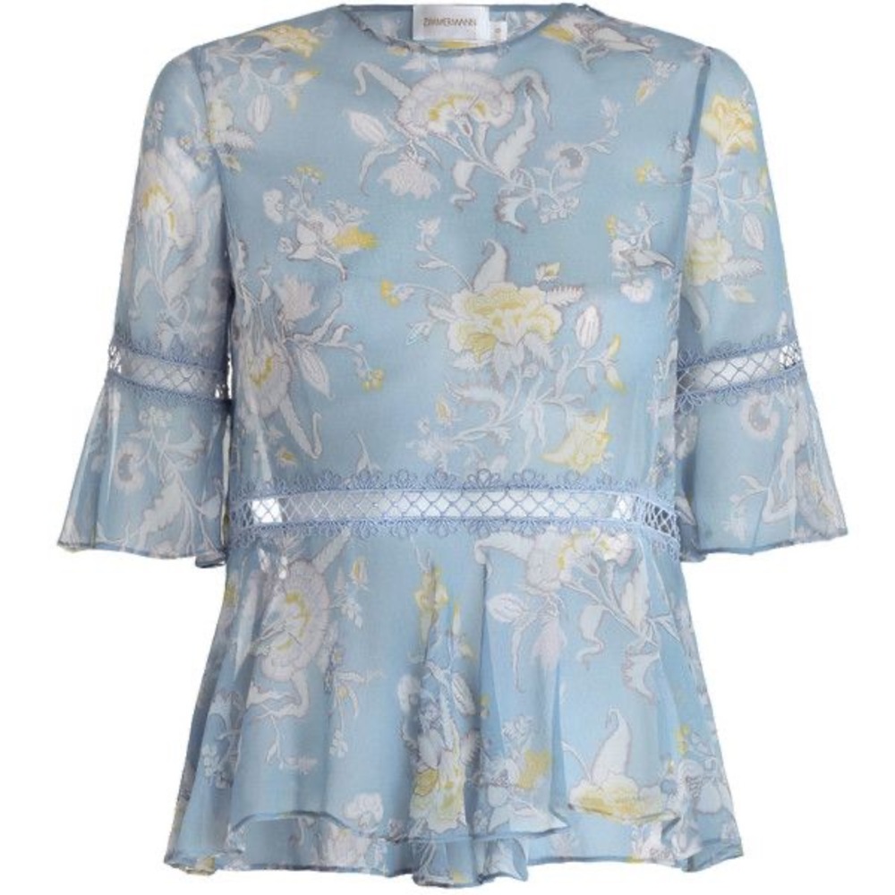 Zimmermann blue silk adorn floating blouse NWT